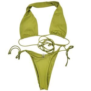 Kiwi Green Halter Neck Tie-side String Bikini Set High-Cut Fit Women's Size S